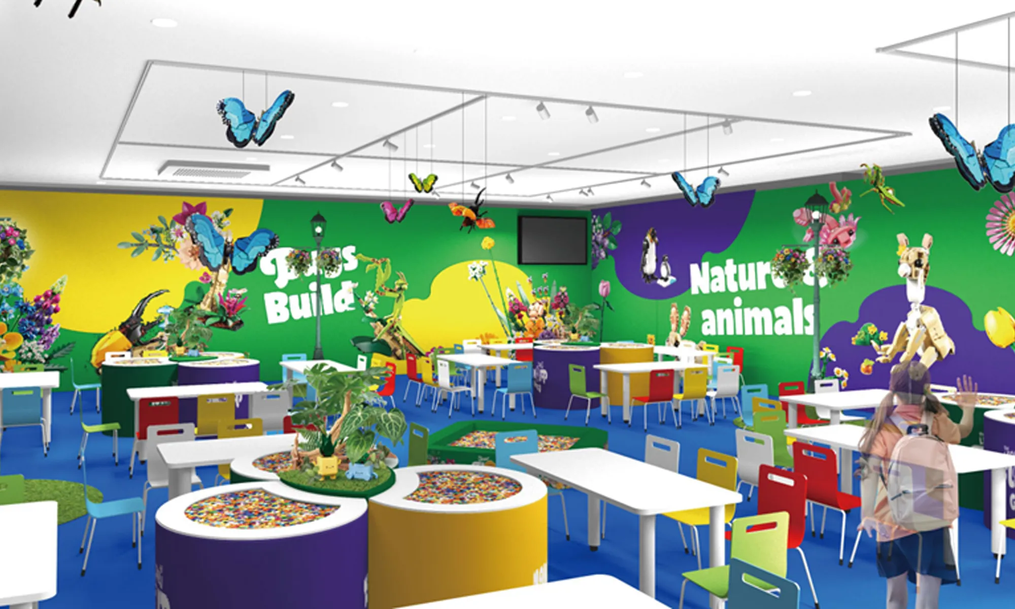 レゴ ブロックで作られた花に囲まれたフロア